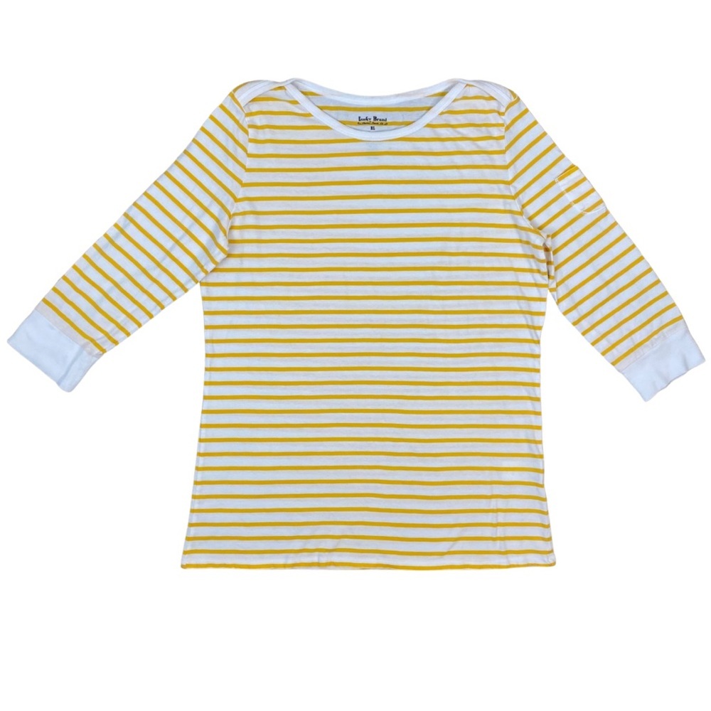 Lucky Brand Knit Wear Gold Yellow and White Stripe Tee, 3/4 Sleeves, Size XL
